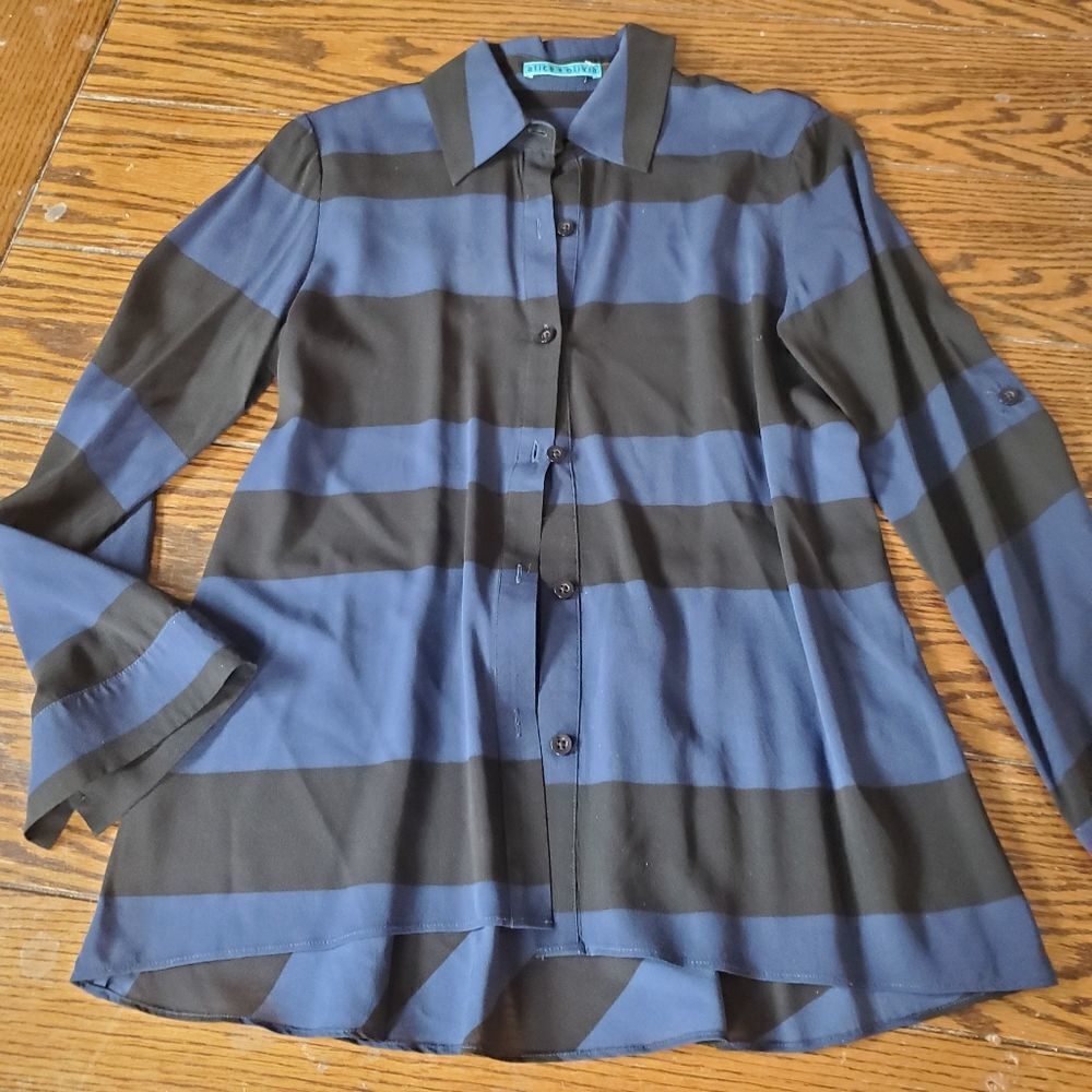 Alice+olivia blue&black striped silk blend ruffle